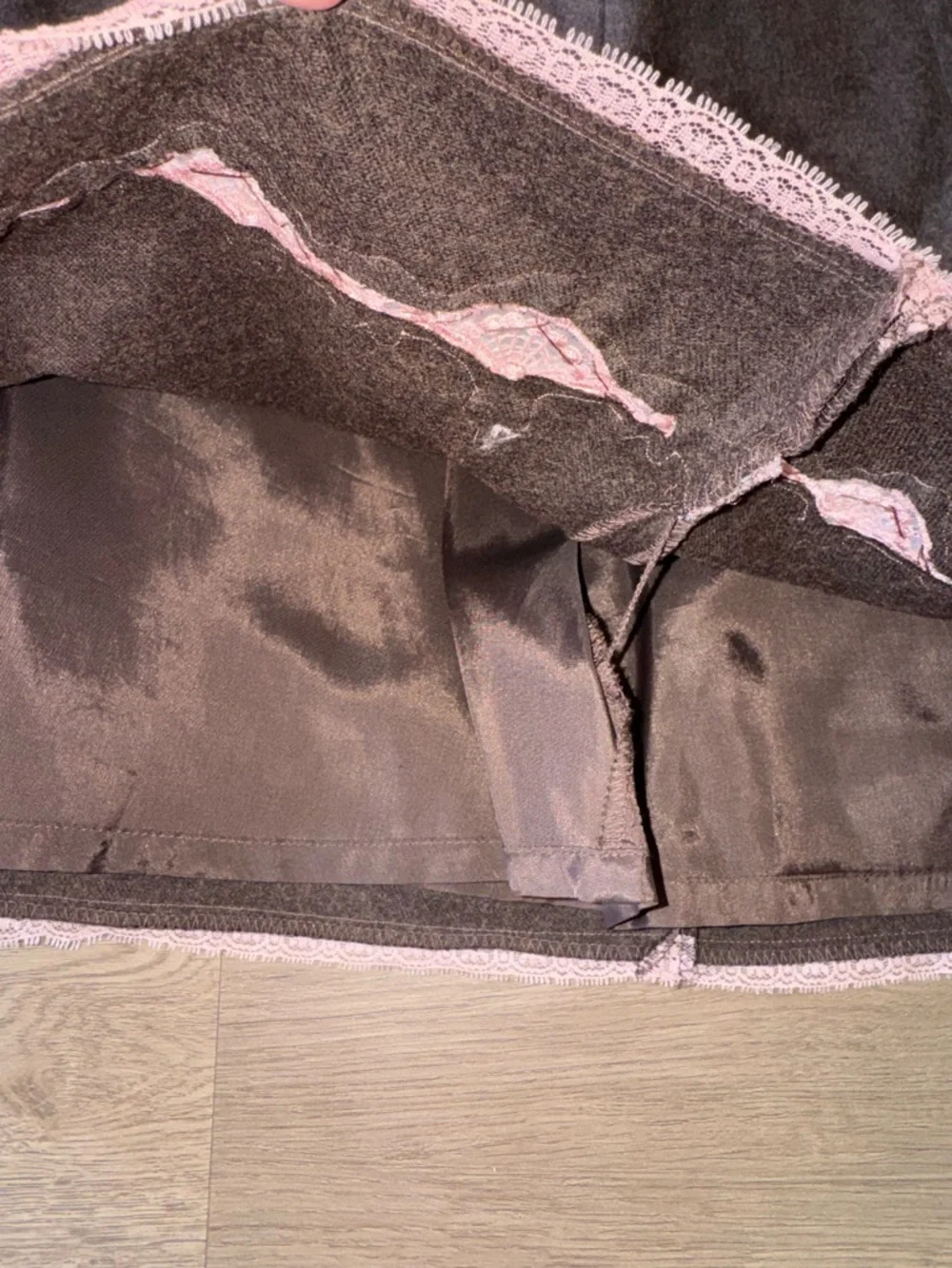 Express Brown A-Line KneeY2K Cottagecore Wool Blend Pink Sequin Lace Hem Skirt 6